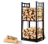 Habit Garden Firewood Rack Indoor, 2-Tier Log Holder with 4 Hooks, Wrought Iron Rack Storing Wood Logs fo Indoor Fireplace, Deocr, Outdoor Patio, Fire Pit, Deck, 16in(L) x 12in(W) x 32in(H)