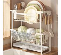 HABITELLO 2 Tier Dish Drainer Rack, Space-Saving Metal Kitchen Drainage Rack for Countertop & Sink Side, 1 Minute Setup - Dish Drying Rack with Utensil Storage (White)