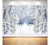 Haboke Winter White Snow Photography Backdrop - Snowy Forest Scene with Frosted Branches, Twinkling Lights and Fence on Soft Polyester Fabric for Christmas Party Decor(7x5ft)