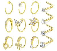 Habselikob 20G Nose Rings Hoop L Nose Piercing Stud | Nose Rings Women's Heart Butterfly Flower Bow CZ Nose Piercings Surgical Steel Nostril Piercing Gold/Silver