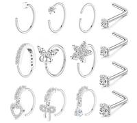 Habselikob 20G Nose Rings Hoop L Nose Piercing Stud | Nose Rings Women's Heart Butterfly Flower Bow CZ Nose Piercings Surgical Steel Nostril Piercing Gold/Silver
