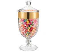 Hacaroa 2.1 L Large Plastic Apothecary Jar with Airtight Lid, Acrylic Candy Cookie Jar for Candy Buffet, Decorative Footed Wedding Container Bathroom Canister for Bath Salt, Vanity, Party, Gold Trim