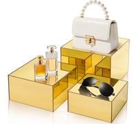 Hacaroa 3 Pack Acrylic Risers Display Stands, Gold Buffet Riser Perfume Organizer, Mirror Food Risers Cube Boxes for Catering, Dessert, Cupcake, Jewelry, Figures, Hollow Bottom, 3 Sizes
