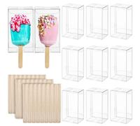 Hacaroa 300 Pieces Clear Popsicle Cakesicle Box Set, 150 Pcs PET Ice Cream Boxes with 150 Pcs Wooden Sticks, 9.5x5.5x4 cm Candy Treat Box for Wedding, Baby Shower, Kids Birthday Party