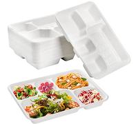Hacaroa 50 Pack 5-Compartment Bagasse Plates, Natural School Lunch Trays, Rectangular for Party, Picnic, Eco-Friendly, Biodegradable, White