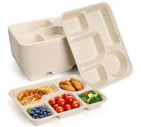 Hacaroa 50 Pack 5 Compartment Paper Plates Disposable, 11" x 8" Compostable Bagasse Plate School Lunch Trays, Biodegradable Divided Sugarcane Plates for Party, Picnic, Heavy Duty