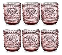 Hacaroa 6 Pack 350 ml Drinking Glasses, Vintage Water Glasses Purple Colored Glassware Heavy Duty, Decorative Floral Embossed Beverages Tumblers for Whisky, Beer, Juice, Wine