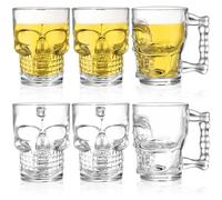 Hacaroa 6 Pack 500 ml Skull Glass Beer Mug with Handle, Heavy Base Drinking Tiki Glasses, Clear Funny Beer Stein Cup for Whisky, Wine, Juice, Bar, Halloween Decorations Gifts