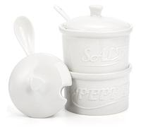 Hacaroa Set of 2 Ceramic Salt and Pepper Cellar with Lid and Spoon, 8.5 Oz Stackable Salt and Pepper Bowls, Vintage Kitchen Seasoning Box for Sea Salts, Sugar, White