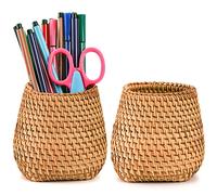 Hacaroa Set of 2 Rattan Pencil Holder for Desk, Handmade Wicker Pen Cup Container Woven Makeup Brush Holder, Vine Desk Organizer for Stationery, Flower Vase, Home, Office Table Decor