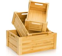 Hacaroa Set of 3 Bamboo Nesting Crates with Handles, Decorative Farmhouse Rustic Storage Boxes, Stackable Bamboo Basket Container Bins for Fruit, Vegetable, Bedroom, Office, 3 Sizes, Natural