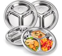 Hacaroa Set of 4 Stainless Steel Round Divided Plates, 20 cm Kids Dinner Plates 3 Sections Metal Food Tray, Unbreakable Snack Serving Platter for Toddlers, Picky Eaters
