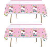 HACBYUTY Tablecloth, 2pcs Hello Cat Kitty Birthday Party, Rectangular, Plastic, 70'' x 42'', Waterproof, Blue Pink