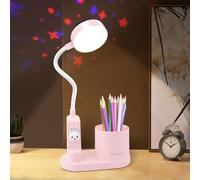 Hacevida Pink Kids Rabbit Lamp with Star Projector/3 Brightness Levels/Pen Holder, 2000mAh Rechargeable Led Table Desk Lamp for Home Office Dorm Working Reading Study, Ideal Birthday Christmas Gifts
