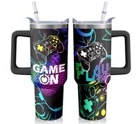 Hachishun Gamer's Choice Tumbler 40oz - Vacuum Insulated Stainless Steel Cup with Handle & Straw, 8-Bit Pixel Design for Gaming Enthusiasts (Holiday Birthday Gift)