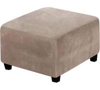 HACLEN Velvet Ottoman Cover Square, Stretch Storage Ottoman Slipcover Washable Soft Foot Stool Cover Furniture Protector for Living Room (Khaki,Medium)