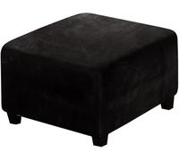 HACLEN Velvet Ottoman Cover Square, Stretch Storage Ottoman Slipcover Washable Soft Foot Stool Cover Furniture Protector for Living Room (Black,Medium)
