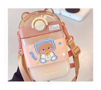 HACODAN Kawaii Straw Bottle with Strap Cute Cartoon Square Water Bottles with Stickers for Women Juice Coffee 15oz 470ml (brown)