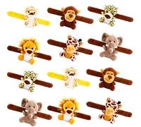 Haconba 12 Pcs Stuffed Animal Slap Bracelet 4 Inch Safari Animal Plush Wrist Slap Band Small Plush Jungle Animal Slap Bracelet for Birthday Animal Themed Party Favors, 6 Styles