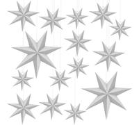 Haconba 15 Pack 7 Pointed Christmas 3D Paper Stars White Hanging Paper Star Lanterns for Christmas Weddings Birthday Party Decor, 4 Size