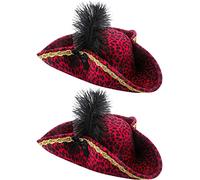 Haconba 2 Pack Pirate Tricorn Hat Buccaneer Novelty Pirate Ladies Hat with Feather for Pirate Theme Party Cosplay Masquerade Accessories, Red, L