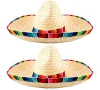Haconba 2 Pieces Large Straw Mexican Sombrero Hat Wide Brim Straw Hat with Serape Trim and Chin Strap for Adult Teens Halloween Cinco de Mayo Fiesta Mexican Party Dress Up Accessories