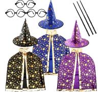 Haconba 3 Set Kids Wizard Cloak Costume with 3 Pcs Wizard Cape 3 Pcs Witch Hat 3 Pcs Wand and 3 Pcs Eyeglasses Frames for Halloween Cosplay
