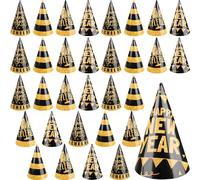 Haconba 32 Pcs Happy New Year Party Hats Glitter Paper New Years Cone Hats with 32 Pcs Golden Rope and 2 Pcs Dispensing Glues for New Years Eve Party, 4 Styles