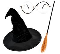Haconba 4 Pack Women Witch Costume Set Includes Witch Hat Wizard Glasses Wizard Broom and Ring for Adult Halloween Cosplay