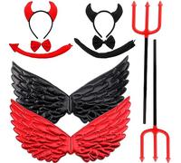 Haconba Halloween Devil Costume Set with Devil Horn Headband Darkness Angel Wings Demon Tail Bow Tie Devil Fork for Halloween Cosplay (Red,Black)