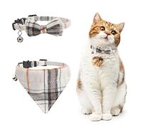 HACRAHO 2-Piece Classic Plaid Bow Tie Cat Collar Bandana Set, White, 11.02 inches