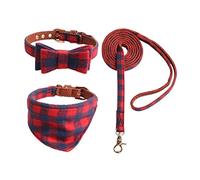 HACRAHO Bow Tie Dog Collar and Leash Set, 3 PCS Classic Plaid Dog Bow Tie and Dog Bandana Collar Adjustable Collars for Small MediumDogs Cats, M