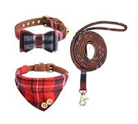HACRAHO Bow Tie Dog Collar with Leash Set, 3 PCS Adjustable Puppy Collars Bandana with Bell Plaid Red Bandana Dog Collar for Small Dogs, Puppies and Cats Outdoor Walking