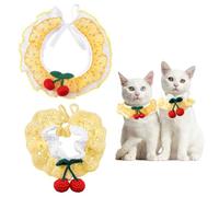 HACRAHO Cat Collar,2 PCS Yellow Kitten Collar with Cute Cherry Pattern no Bell Crochet Strawberry Cute Cat Collars for Girl Boy Cat and Small Pet(L)