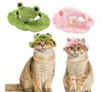 HACRAHO Cute Knitted Hat for Cat,2 PCS Frog & Flower Cat Hat Handmade Crochet Dog Hats Winter Knitting Wool Cap Halloween Christmas Party Costume Headwear for Puppy Cats(M,Pink,Green)