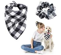 HACRAHO Dog Bandana and Scrunchie Set, 2 PCS Plaid Dog Bandana and Matching Scrunchie Dog Scarf Bibs with Round Hair Scrunchie for Dogs Owner & Small Medium Large Pet, Black and White