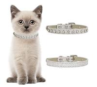 HACRAHO Leather Rhinestone Cat Collar, 2 PCS Pet Bling Rhinestone Collar with Adjustable Buckle Safety Adjustable Bling Classy Pet Collars for Small Dogs and Cats, Silver