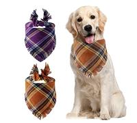 HACRAHO Plaid Dog Bandanas, 2 PCS Reversible Triangle Dog Scarf with Tassels Edges Washable Dog Triangle Kerchief for Dogs and Cats, Purple and Brown