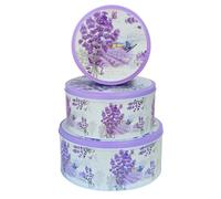 Pack of 3 Stackable Round Metal Tin Containers With Lids - Multipurpose Tins for Storing Cookies, Candies, Kitchen Essentials, Stationery, Gifts - Elegant Lavender Flower Design - Valentine Day Gift