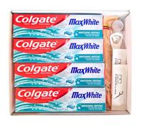 Hadco Oral-Care Gift Set Bundle - Colgate Max White Toothpaste 100ml x4 with Whitening Crystals, 1x Bamboo Toothbrush, 1x Tongue Cleaner, 1x Dental Mirror, 2X Floss Harps.