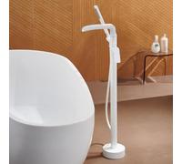 HADECOLL Freestanding Bath Shower Mixer Tap Floor Mounted Waterfall Faucet Hot And Cold Single Handle Brass Floor Mounted Bath Taps, Brushed Gold,White