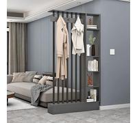 HADECOLL Wood Room Divider with Open Shelves & Hooks, Freestanding Privacy Screen for Home Office, Decorative Partition Wall - Stylish, Functional Space Separator,Gray+black-100cm/39.4in