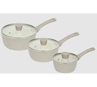 Haden Ribbed 3 Piece Saucepan Set, Putty Exterior, Ceramic Non-Stick Interior, Glass Lid, Induction Compatible 16 18 & 20 CM Saucepans