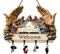 Hadghdf Jesus and Disciples Wall Art Key Holder, Jesus & Disciples Wooden Religious Key Holder with 4 Hooks, Rustic Farmhouse Religious Decor, Religious Gifts for Family, Friends (1PCS)