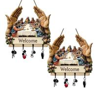 Hadghdf Jesus and Disciples Wall Art Key Holder, Jesus & Disciples Wooden Religious Key Holder with 4 Hooks, Rustic Farmhouse Religious Decor, Religious Gifts for Family, Friends (2PCS)