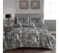 Hadi London 4 Piece Bedding Set Duvet Cover Fitted Sheet with Pillow Cases Soft Brushed Microfibre Printed Complete Bed Sets in Single Double and King Size (Marble Charcoal, Super King)