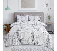 Hadi London 4 Piece Bedding Set Duvet Cover Fitted Sheet with Pillow Cases Soft Brushed Microfibre Printed Complete Bed Sets in Single Double and King Size (Marble White, Super King)