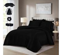 Hadi London Luxury 10 PCS Satin Complete Bedding Set with Duvet Cover, Fitted Sheet, Pillowcases & Matching with Eye Mask, Hair Band, Hair Cap & Pouch | Single Double King Super King (BLACK, SINGLE)