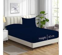 HADI LONDON Polycotton Fitted Sheets for Single Double King Super King Size Bed Plain Dyed 40 cm Extra Deep Fitted Sheet Cover with 200 Thread Count and Elasticated Edges (Navy-Blue, King)