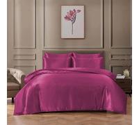 Hadi London Satin Silk 6 Piece Complete Bedding Set with Silky Deep Fitted Sheet Reversible Duvet Cover Comforter & 4 Pillowcases for Single Double King Super King Size Bed (Fuchsia-Pink, Super King)